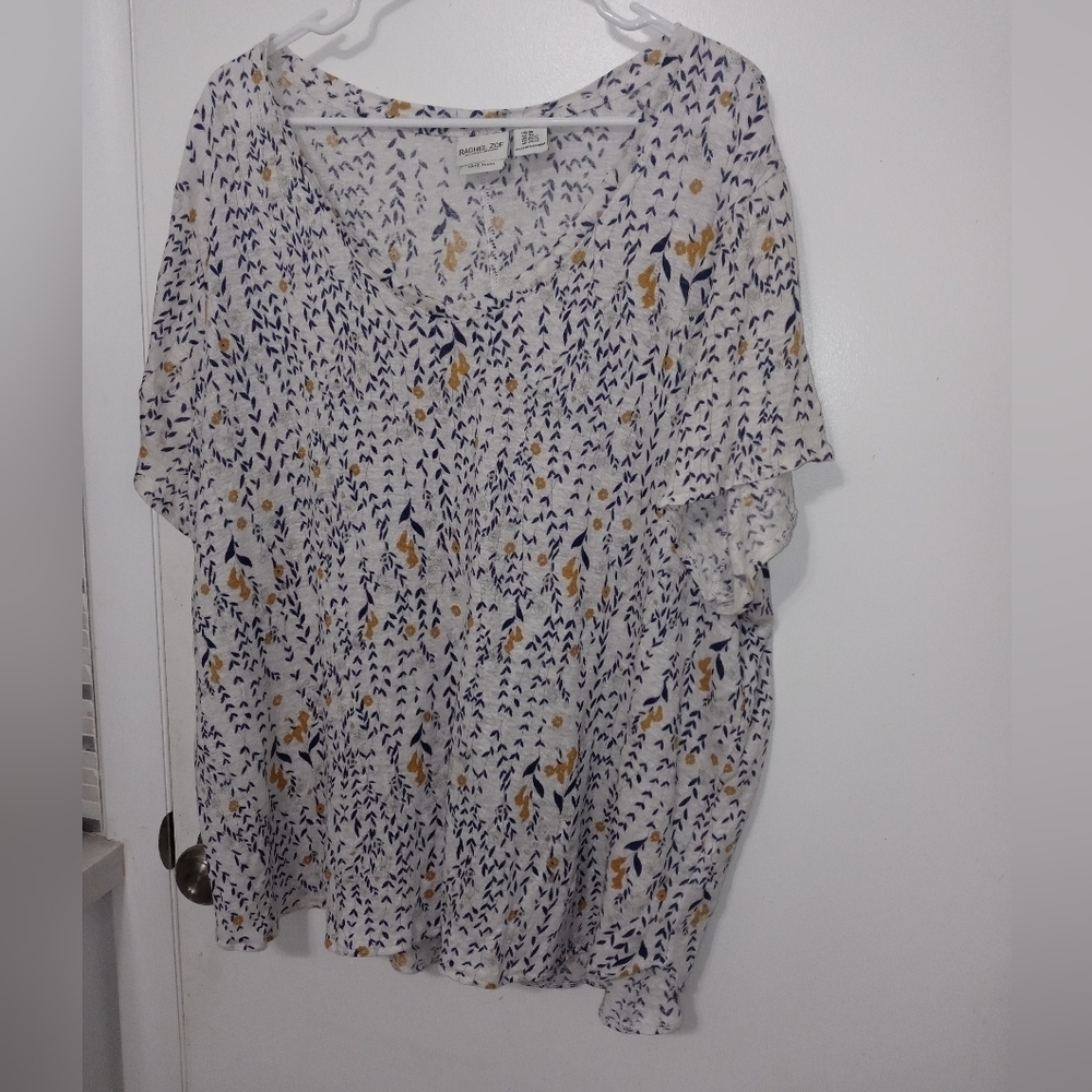Rachel Zoe short sleeve 100% linen V Neck Semi Sheer Floral Leaf Stretch Blouse
